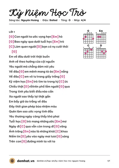 Hợp âm Kỷ Niệm Học Trò (Nguyên Hoàng) – bản nhạc PDF trang 1, tông G