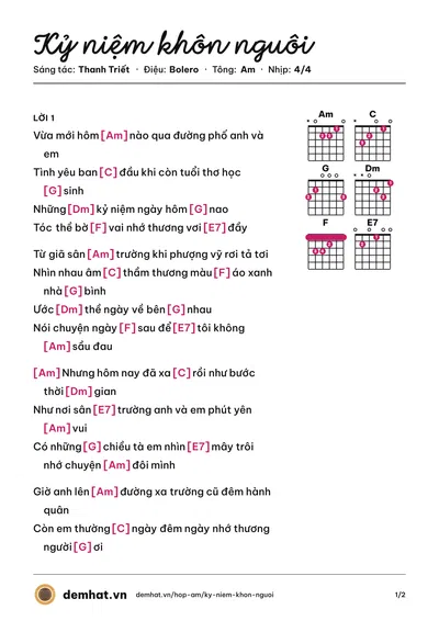 Hợp âm Kỷ niệm khôn nguôi (Giao Linh) – bản nhạc PDF trang 1, tông Am
