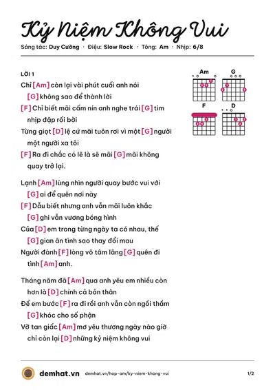 Hợp âm Kỷ Niệm Không Vui (Châu Khải Phong) – bản nhạc PDF trang 1, tông Am