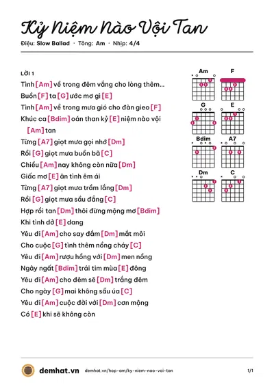 Hợp âm Kỷ Niệm Nào Vội Tan (Tô Chấn Phong) – bản nhạc PDF trang 1, tông Am