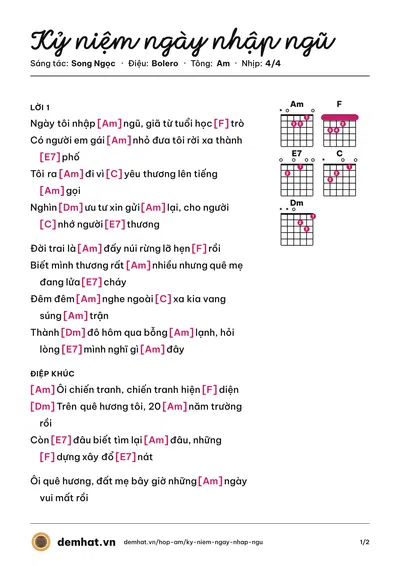 Hợp âm Kỷ niệm ngày nhập ngũ (Hương Lan) – bản nhạc PDF trang 1, tông Am