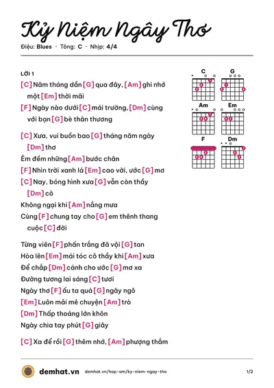 Hợp âm Kỷ Niệm Ngây Thơ (Mắt Ngọc) – bản nhạc PDF trang 1, tông C