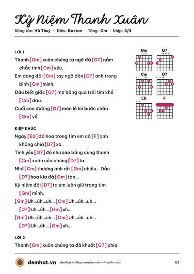 Hợp âm Kỷ Niệm Thanh Xuân (Minh Huệ) – bản nhạc PDF trang 1, tông Gm
