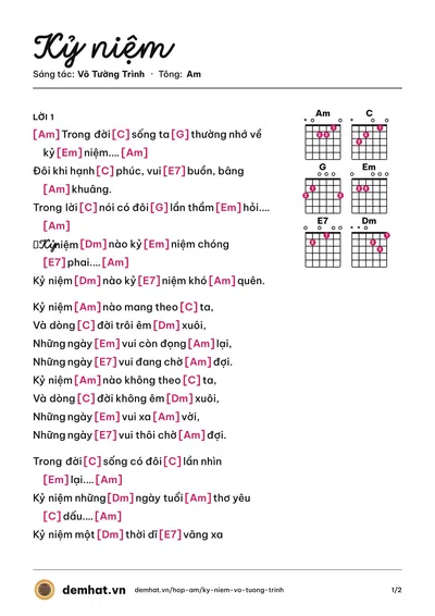 Hợp âm Kỷ niệm (Võ Tường Trình) – bản nhạc PDF trang 1, tông Am
