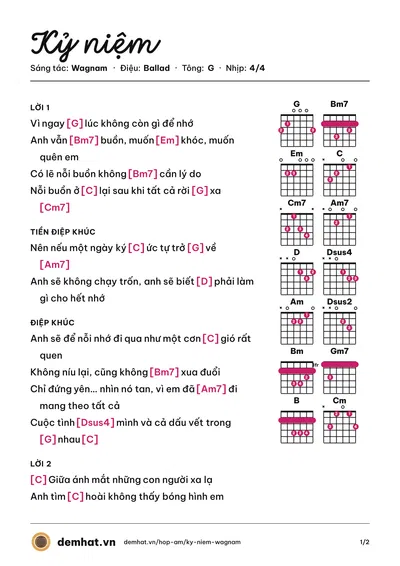 Hợp âm Kỷ niệm (Ái) – bản nhạc PDF trang 1, tông G