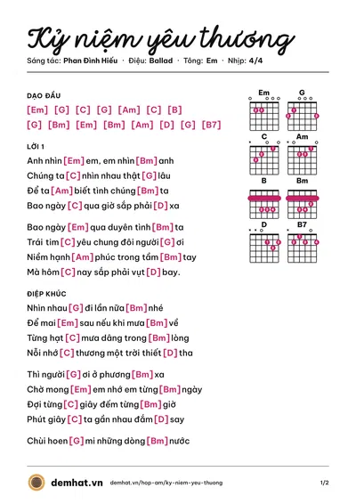 Hợp âm Kỷ niệm yêu thương (Bạch Công Khanh) – bản nhạc PDF trang 1, tông Em