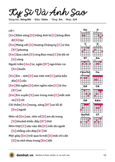 Hợp âm Kỵ Sĩ Và Ánh Sao (Đông Nhi) – bản nhạc PDF trang 1, tông Em