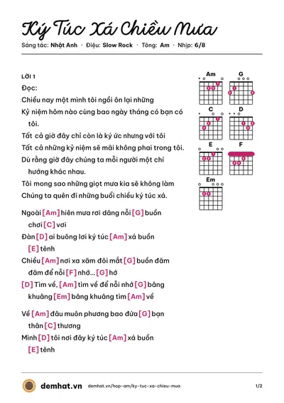 Hợp âm Ký Túc Xá Chiều Mưa (Lâm Hùng) – bản nhạc PDF trang 1, tông Am