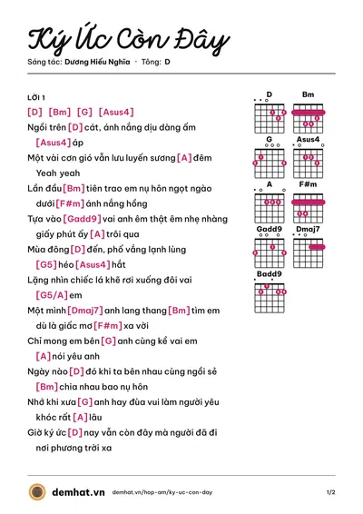 Hợp âm Ký Ức Còn Đây (Dương Hiếu Nghĩa) – bản nhạc PDF trang 1, tông D