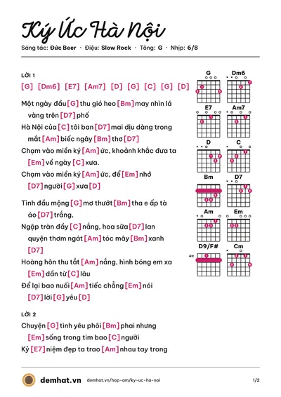 Hợp âm Ký Ức Hà Nội (Đức Beer) – bản nhạc PDF trang 1, tông G