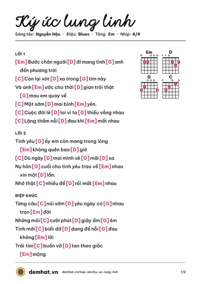 Hợp âm Ký ức lung linh (Nguyễn Hậu) – bản nhạc PDF trang 1, tông Em