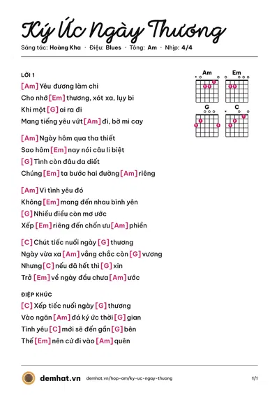 Hợp âm Ký Ức Ngày Thương (Hoàng Kha) – bản nhạc PDF trang 1, tông Am