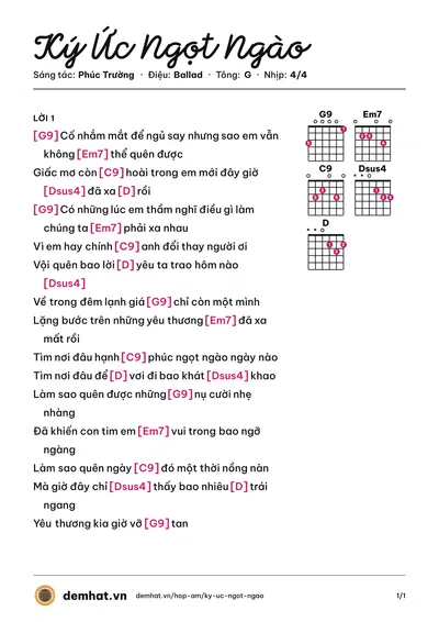 Hợp âm Ký Ức Ngọt Ngào (Thủy Tiên) – bản nhạc PDF trang 1, tông G