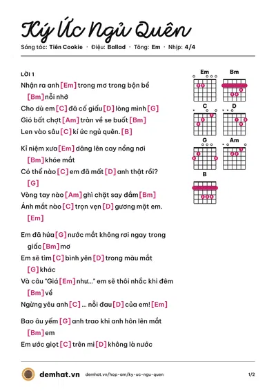 Hợp âm Ký Ức Ngủ Quên (Bích Phương) – bản nhạc PDF trang 1, tông Em