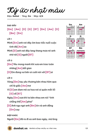 Hợp âm Ký ức nhạt màu (A Tổ) – bản nhạc PDF trang 1, tông Em