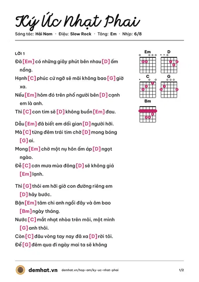 Hợp âm Ký Ức Nhạt Phai (Đỗ Xuân Sơn) – bản nhạc PDF trang 1, tông Em