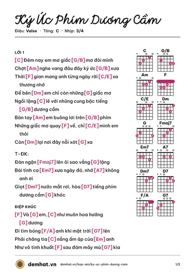 Hợp âm Ký Ức Phím Dương Cầm (Đông Nhi) – bản nhạc PDF trang 1, tông C