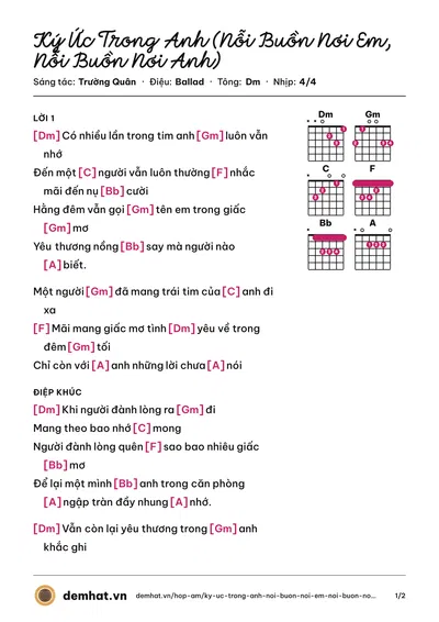 Hợp âm Ký Ức Trong Anh (Nỗi Buồn Nơi Em, Nỗi Buồn Nơi Anh) (Hồ Quang Hiếu) – bản nhạc PDF trang 1, tông Dm
