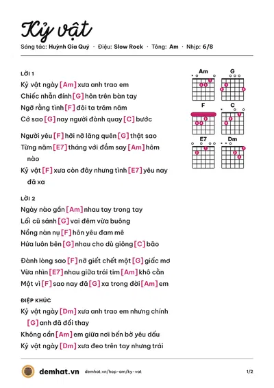 Hợp âm Kỷ vật (Huỳnh Gia Quý) – bản nhạc PDF trang 1, tông Am