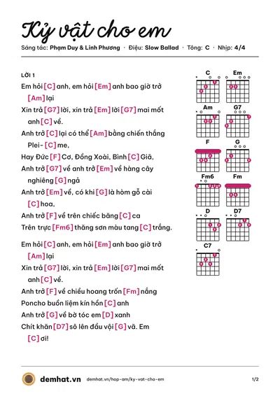 Hợp âm Kỷ vật cho em (Thái Thanh) – bản nhạc PDF trang 1, tông C