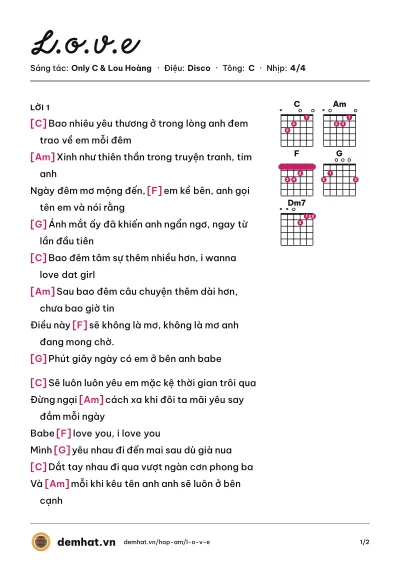 Hợp âm L.o.v.e (Lou Hoàng) – bản nhạc PDF trang 1, tông C