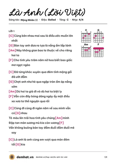 Hợp âm Là Anh (Lời Việt) (Phạm Lịch) – bản nhạc PDF trang 1, tông C