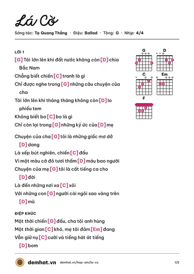 Hợp âm Lá Cờ (Tạ Quang Thắng) – bản nhạc PDF trang 1, tông G