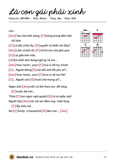 Hợp âm Là con gái phải xinh (Bảo Thy) – bản nhạc PDF trang 1, tông Am