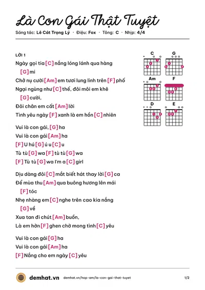 Hợp âm Là Con Gái Thật Tuyệt (Khởi My) – bản nhạc PDF trang 1, tông C