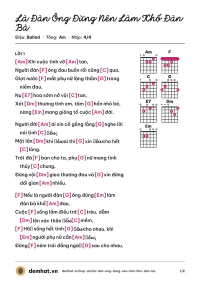 Hợp âm Là Đàn Ông Đừng Nên Làm Khổ Đàn Bà (Lý Hải) – bản nhạc PDF trang 1, tông Am