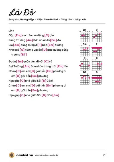 Hợp âm Lá Đỏ (Quang Thọ) – bản nhạc PDF trang 1, tông Em