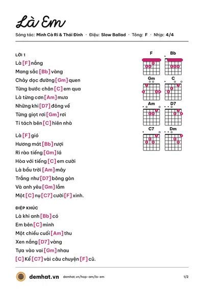 Hợp âm Là Em (Thái Đinh) – bản nhạc PDF trang 1, tông F