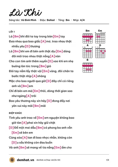 Hợp âm Là Khi (Vũ Bình Minh) – bản nhạc PDF trang 1, tông Bm