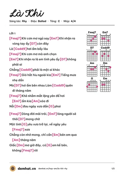 Hợp âm Là Khi (Rhy) – bản nhạc PDF trang 1, tông C