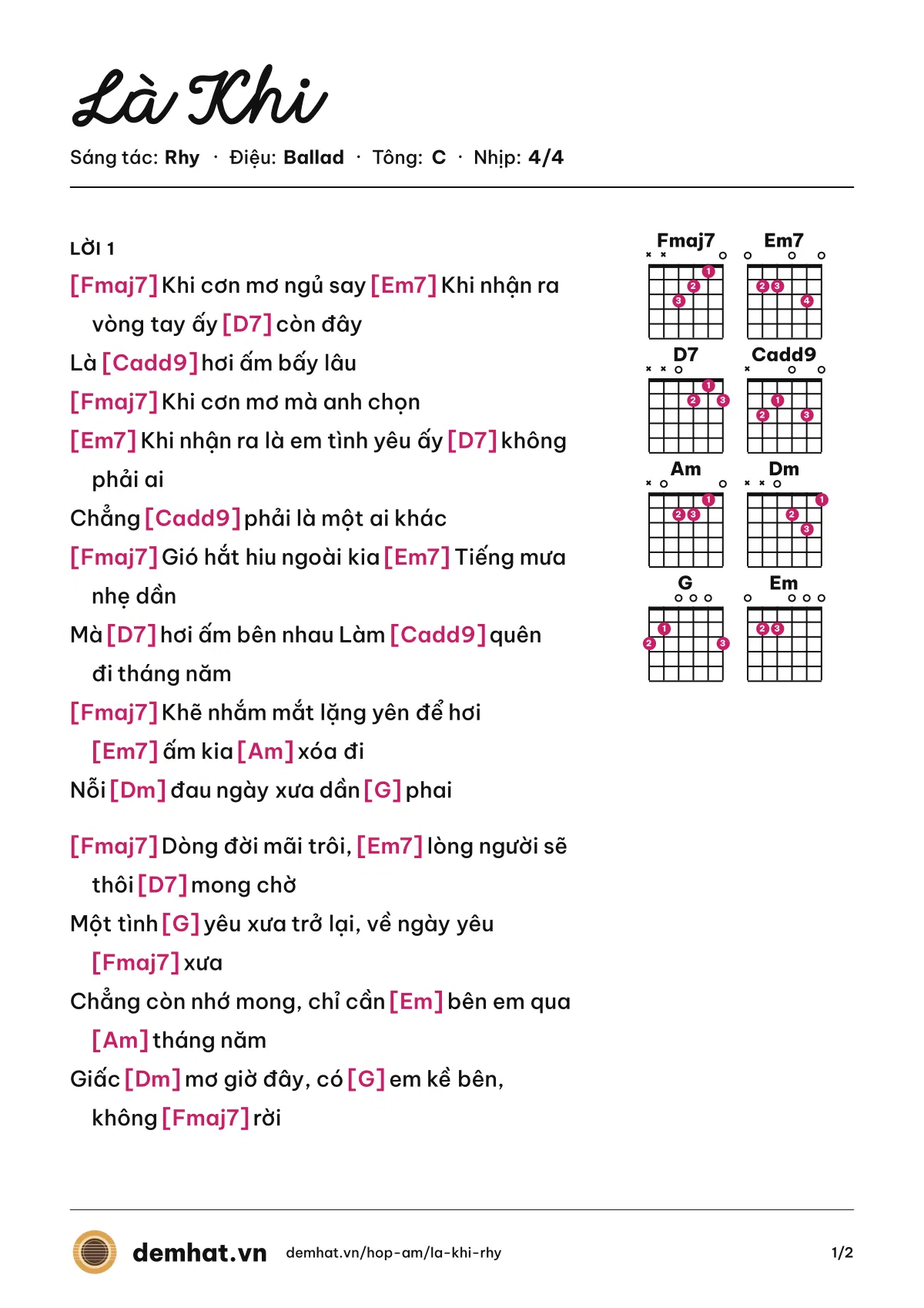 Hợp âm Là Khi (Rhy) – bản nhạc PDF trang 1, tông C