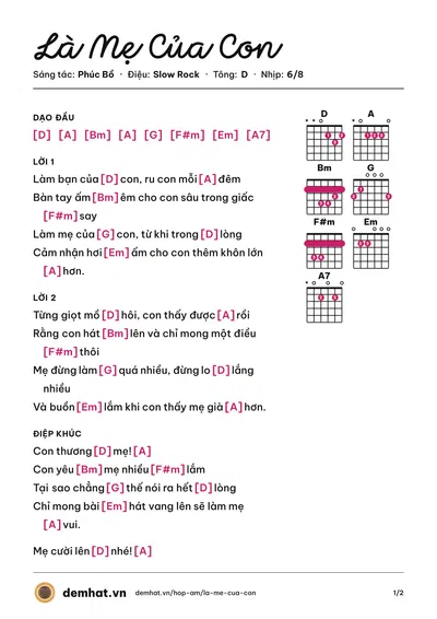 Hợp âm Là Mẹ Của Con (Hoàng Yến Chibi) – bản nhạc PDF trang 1, tông D