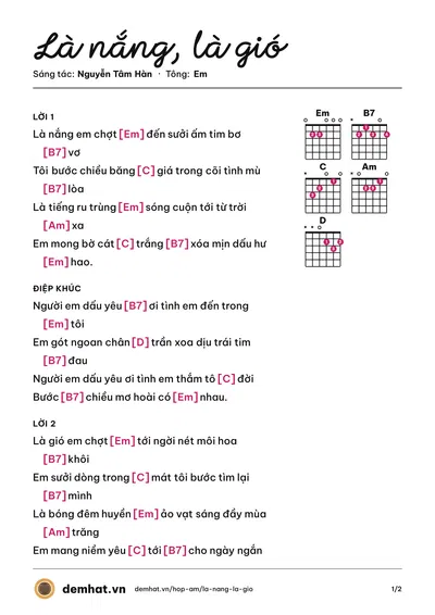 Hợp âm Là nắng, là gió (Nguyễn Tâm Hàn) – bản nhạc PDF trang 1, tông Em