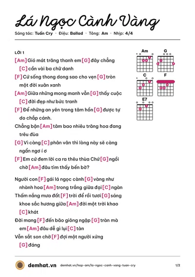 Hợp âm Lá Ngọc Cành Vàng (Kiều Anh) – bản nhạc PDF trang 1, tông Am