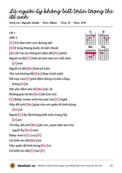 Hợp âm Là người ấy không biết trân trọng thì để anh (Nguyên Jenda) – bản nhạc PDF trang 1, tông G