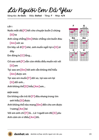 Hợp âm Là Người Em Đã Yêu (Ngô Kiến Huy) – bản nhạc PDF trang 1, tông F