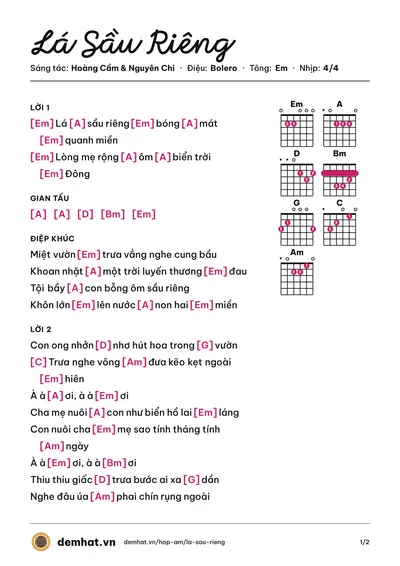 Hợp âm Lá Sầu Riêng (Phi Nhung) – bản nhạc PDF trang 1, tông Em