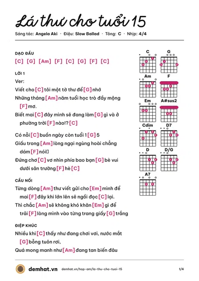 Hợp âm Lá thư cho tuổi 15 (Hải Triều) – bản nhạc PDF trang 1, tông C