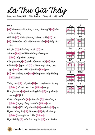Hợp âm Lá Thư Gửi Thầy (Đông Nhi) – bản nhạc PDF trang 1, tông G