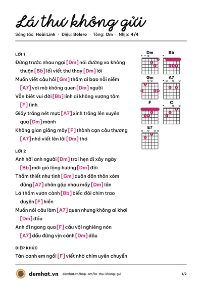 Hợp âm Lá thư không gửi (Duy Khánh) – bản nhạc PDF trang 1, tông Dm