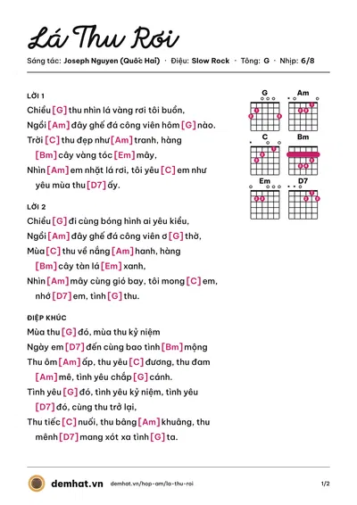 Hợp âm Lá Thu Rơi (Duy Long) – bản nhạc PDF trang 1, tông G