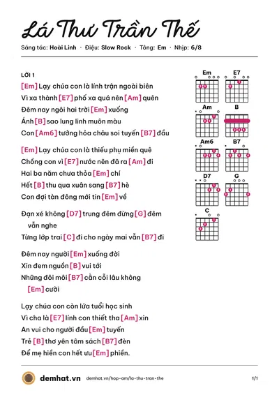 Hợp âm Lá Thư Trần Thế (Giang Tử) – bản nhạc PDF trang 1, tông Em