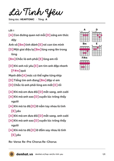 Hợp âm Là Tình Yêu (Minh Thạch) – bản nhạc PDF trang 1, tông A