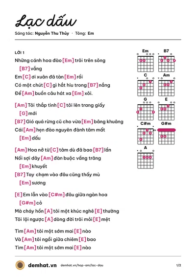 Hợp âm Lạc dấu (Dzoãn Minh) – bản nhạc PDF trang 1, tông Em