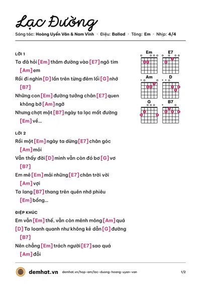 Hợp âm Lạc Đường (Hoàng Uyển Văn) – bản nhạc PDF trang 1, tông Em