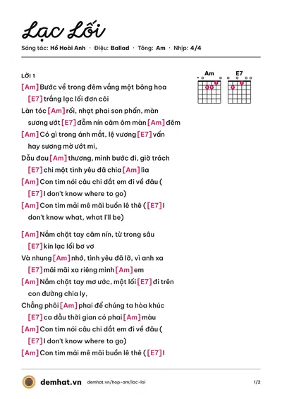 Hợp âm Lạc Lối (Mỹ Tâm) – bản nhạc PDF trang 1, tông Am